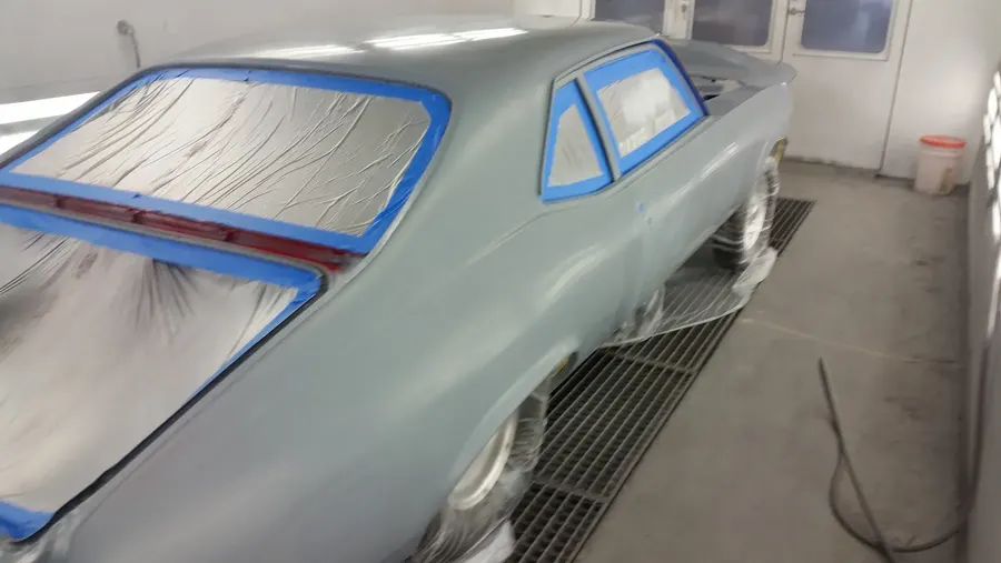 Classic car gray primer in paint booth