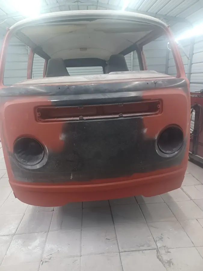 Red van rear hatch primer and body work